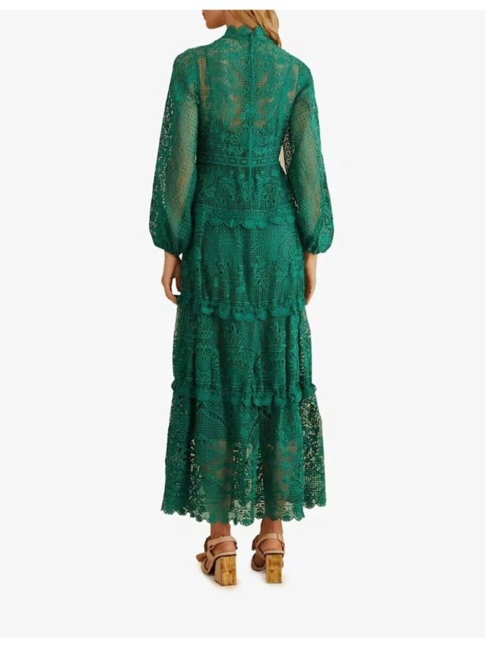 Farm Rio M Dark Guipure Lace Emerald Green Long Sleeve Maxi Dress - Picture 4 of 15